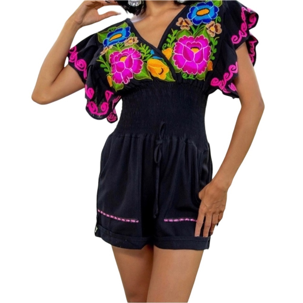 Mexican Floral Embroidered Romper, Jumpsuit, Shorts Size L/XL Black …